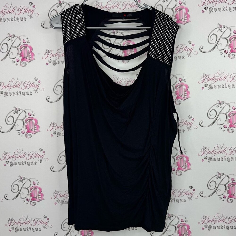 MXM tank top rhinestone cut out back Black with Studded Shoulders